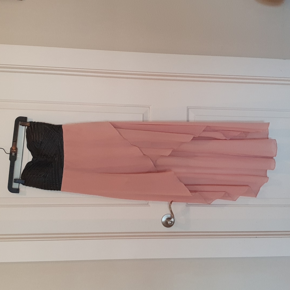 Black and pink strapless dress with asymmetrical bottom